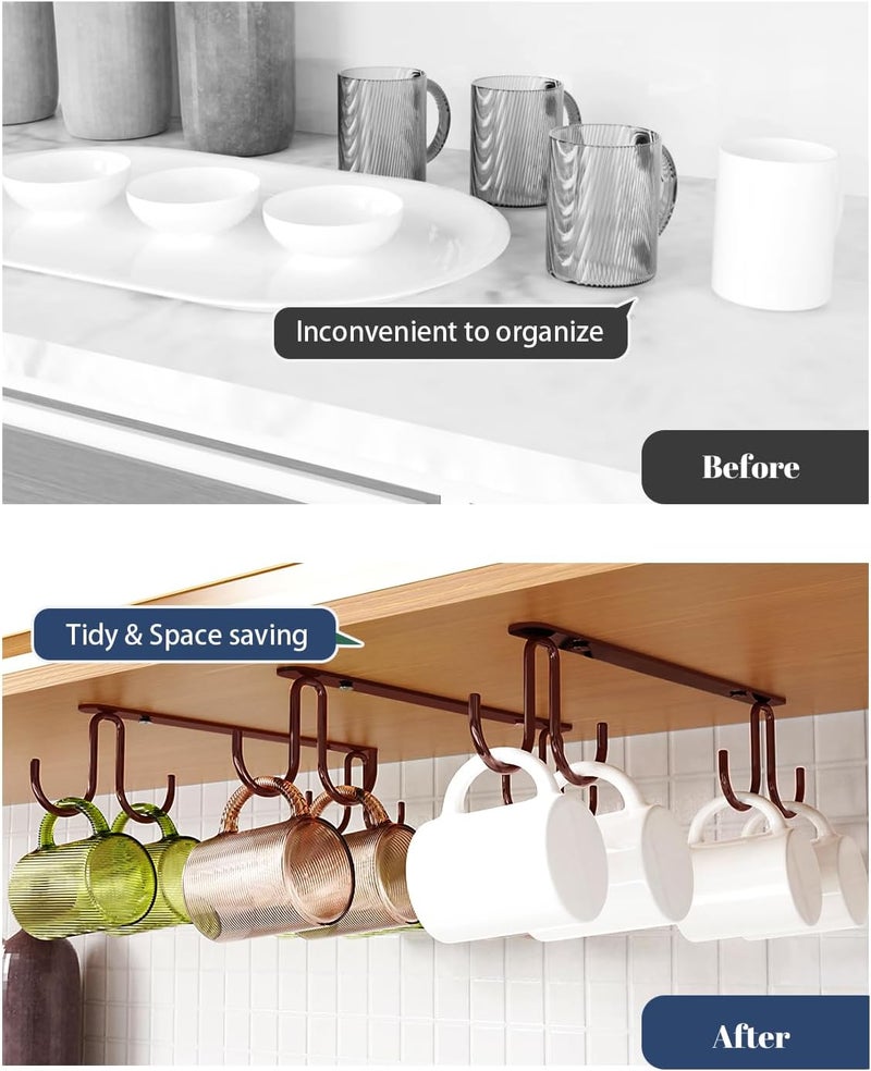 Luckinow Mug Hooks Under Cabinet 3 Pack, Coffee Cup Hooks for Hanging Under Shelf, Mug Organizer Rack with 12 Hooks for Displaying Mugs, Coffee Cups and Kitchen Utensils, Brown - Image 2